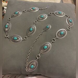 ARIAT Turquoise Concho Chain Belt - Ladies, Silver 47” Size XL